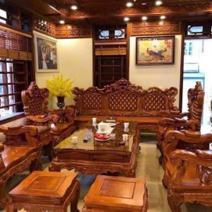 bộ bàn ghế hoàng gia vách trám gỗ hương Đá 10 món