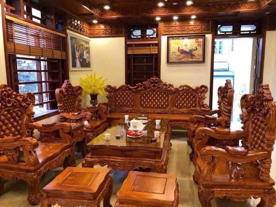 bộ bàn ghế hoàng gia vách trám gỗ hương Đá 10 món